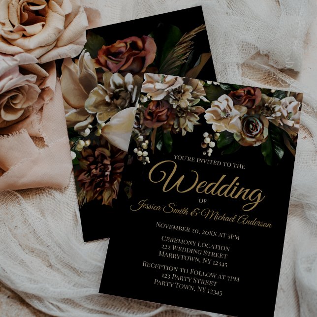Magnolia Gold and Black Floral Wedding Invitation