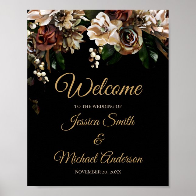 Magnolia Gold and Black Floral Wedding Invitation Poster (Front)
