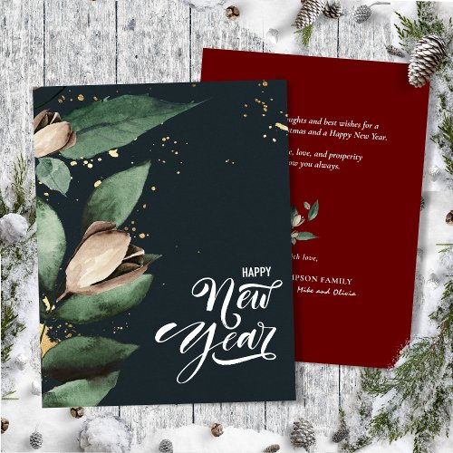 Magnolia Gold Confetti   Happy New Year Flat Holiday Card