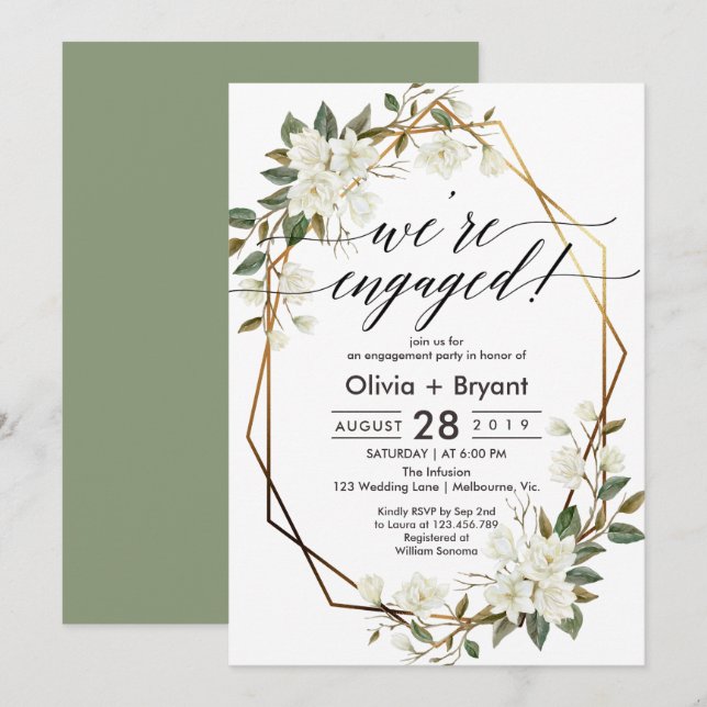Magnolia gold geometric frame engagement party invitation (Front/Back)