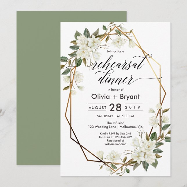 Magnolia gold geometric frame rehearsal dinner invitation (Front/Back)