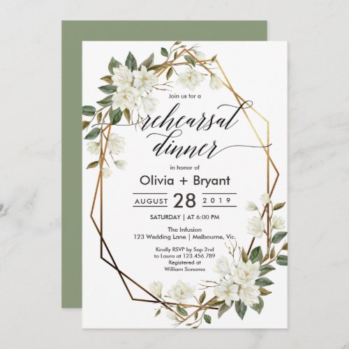 Magnolia gold geometric frame rehearsal dinner invitation