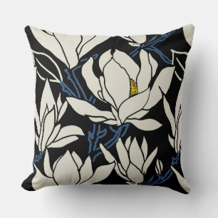 Magnolia graphic in beige and black pattern throw pillow