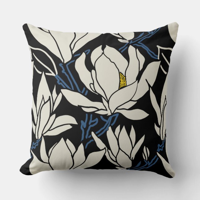 Magnolia graphic in beige and black pattern throw pillow (Front)