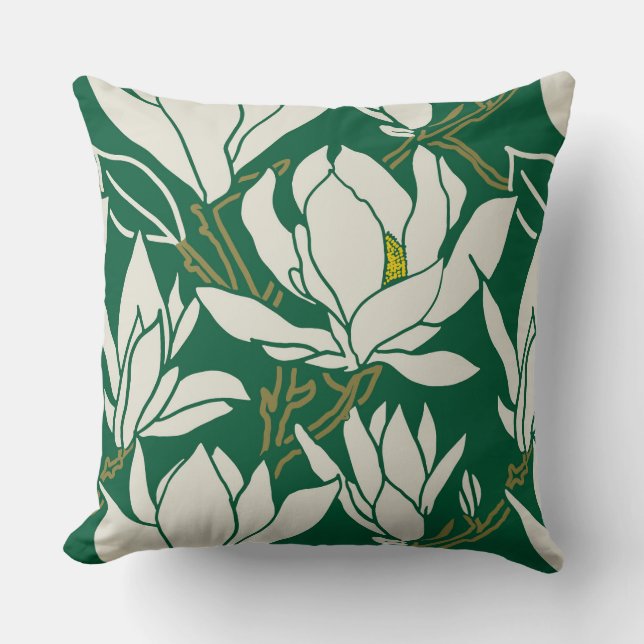 Magnolia graphic in emerald pattern throw pillow (Front)