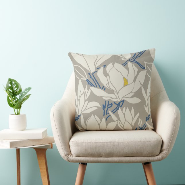 Magnolia graphic in gray pattern throw pillow (Chair)