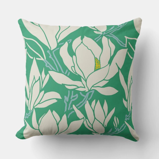 Magnolia graphic in green pattern throw pillow (Front)