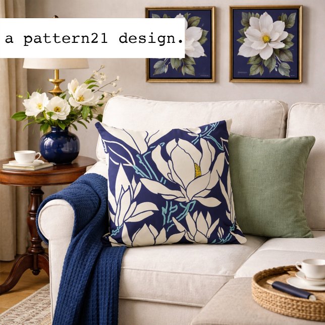 Magnolia graphic in indigo pattern throw pillow (Navy magnolia botanicals bring timeless Southern garden charm to elegant living spaces.)