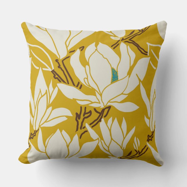 Magnolia graphic in mustard pattern throw pillow (Front)