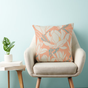 Magnolia graphic in peach pattern throw pillow