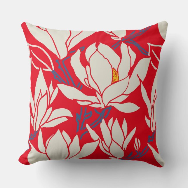 Magnolia graphic in red pattern throw pillow (Front)