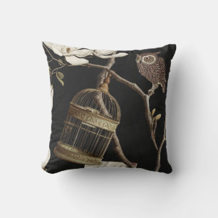 Magnolia Grove with Owls 01 Black White Olive Throw Pillow
