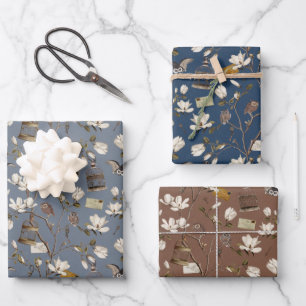 Magnolia Grove with Owls in Blue Brown Wrapping Paper Sheets