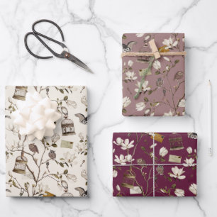 Magnolia Grove with Owls in Cream Blush Burgundy Wrapping Paper Sheets