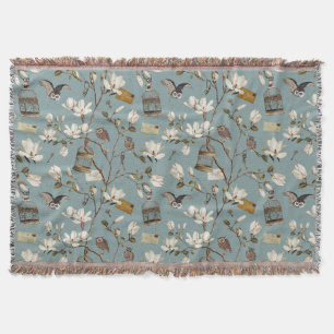 Magnolia Grove with Owls in Duck egg blue Throw Blanket