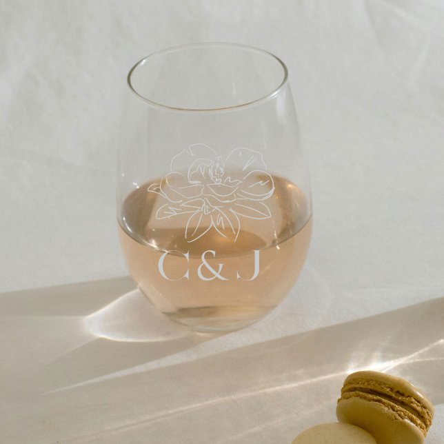 Magnolia Illustration Custom Initials Stemless Wine Glass (Southern-Inspired Magnolia Illustration Custom Initials Stemless Wine Glass)