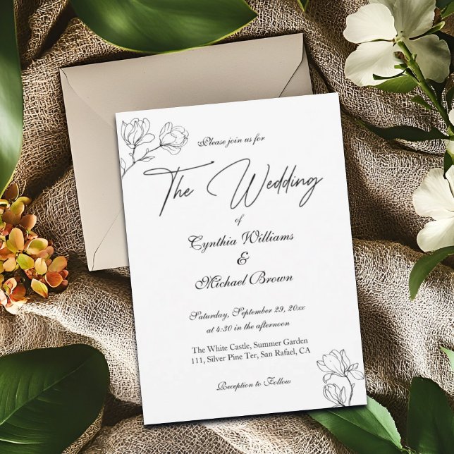 Magnolia Line Art Black and White Wedding Invitation (Creator Uploaded)