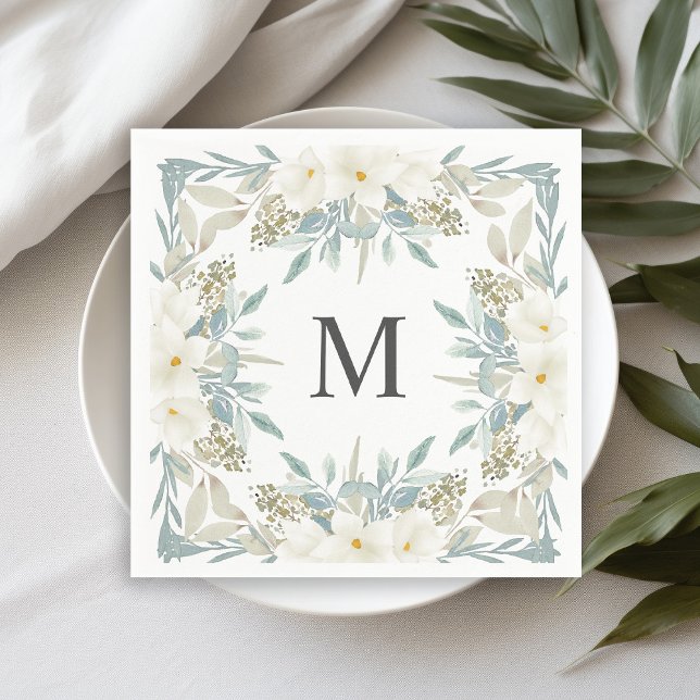 Magnolia Modern Calligraphy Monogram Wedding Napkins (Creator Uploaded)