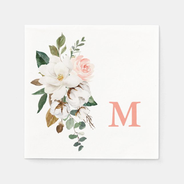 Magnolia Monogram Bridal Shower Cocktail Napkins (Front)