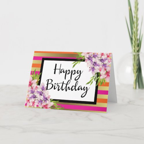 Magnolia on Pink  Faux Gold Stripes Birthday Card