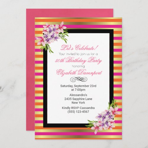 Magnolia on Pink  Faux Gold Stripes Birthday Invitation