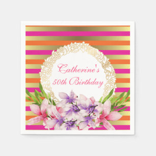 Magnolia on Pink & Faux Gold Stripes Birthday Napkins