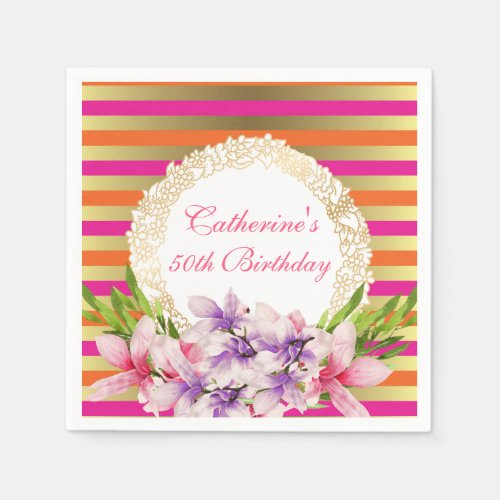 Magnolia on Pink  Faux Gold Stripes Birthday Napkins