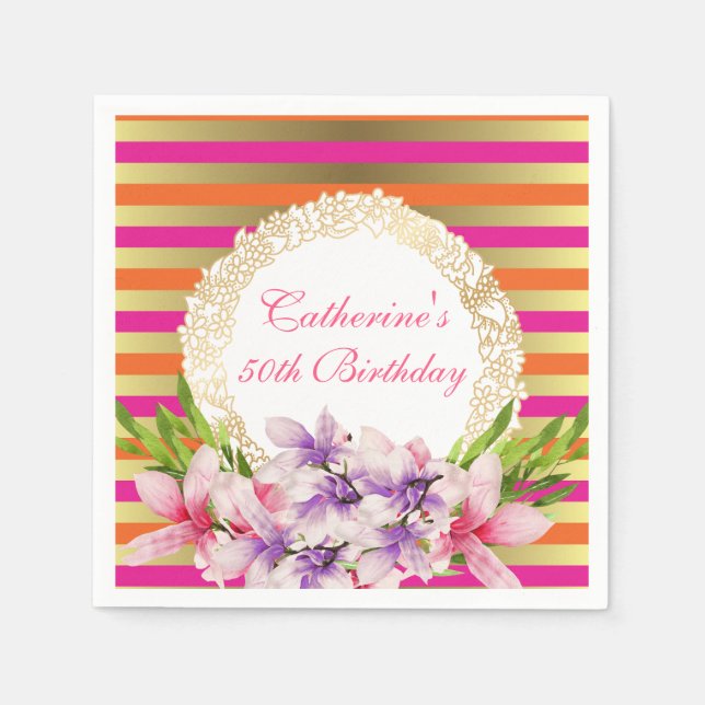 Magnolia on Pink & Faux Gold Stripes Birthday Napkins (Front)