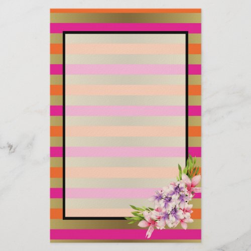 Magnolia on Pink  Faux Gold Stripes Stationery