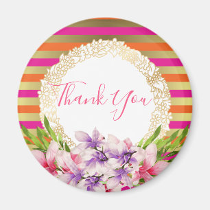 Magnolia on Pink & Faux Gold Stripes Thank You Magnet