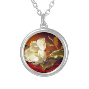 Magnolia on Red Velvet Martin Johnson Heade Silver Plated Necklace