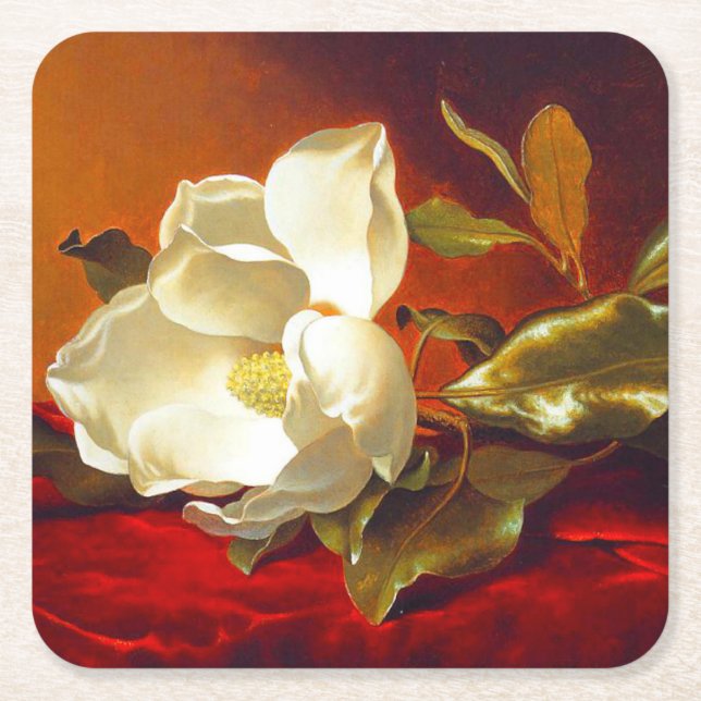 Magnolia on Red Velvet Martin Johnson Heade Square Paper Coaster (Front)