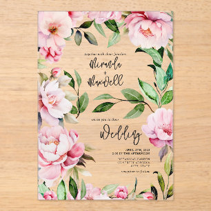 Magnolia Peony Pink Watercolor Floral Wedding Acrylic Invitations