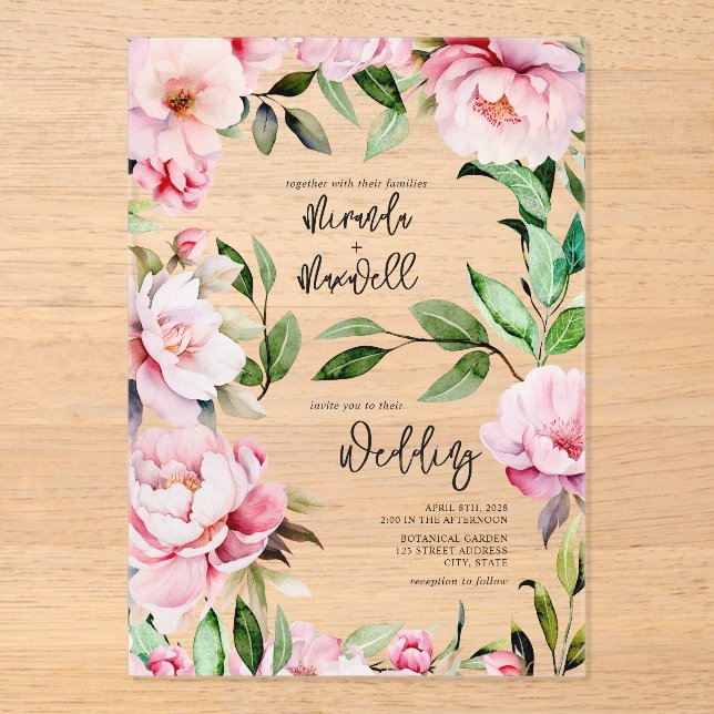 Magnolia Peony Pink Watercolor Floral Wedding  Acrylic Invitations (Front)