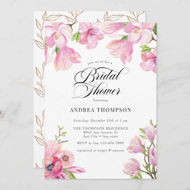  Magnolia | Pink Floral Bridal Shower  Invitation (Front/Back)