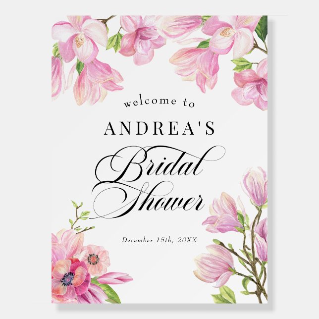  Magnolia | Pink Floral Bridal Shower Welcome Sign (Front)