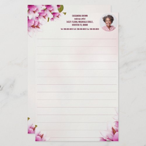Magnolia Pink Floral Business Photo Stationery