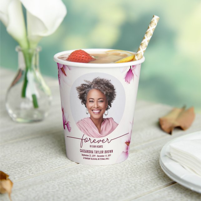 Magnolia Pink Floral Memorial Paper Cups (Insitu)
