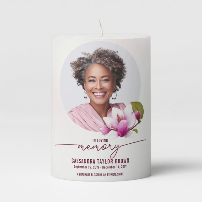 Magnolia Pink Floral Memorial Pillar Candle (Front)