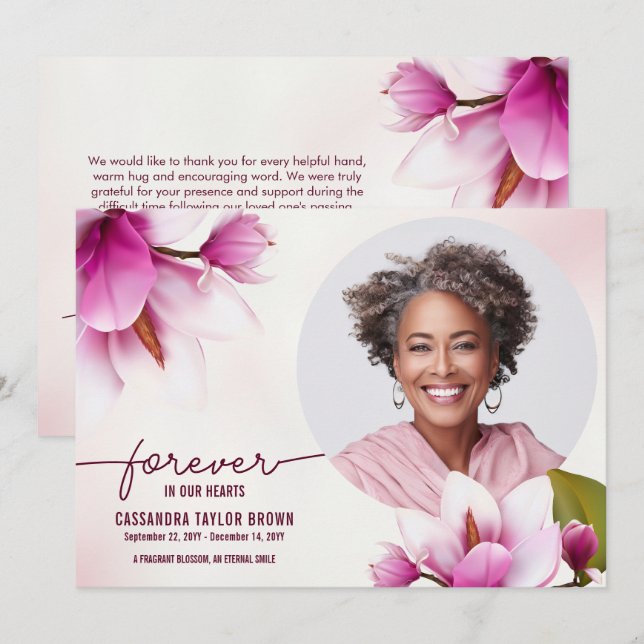 Magnolia Pink Floral Memorial Thank You Card (Front/Back)
