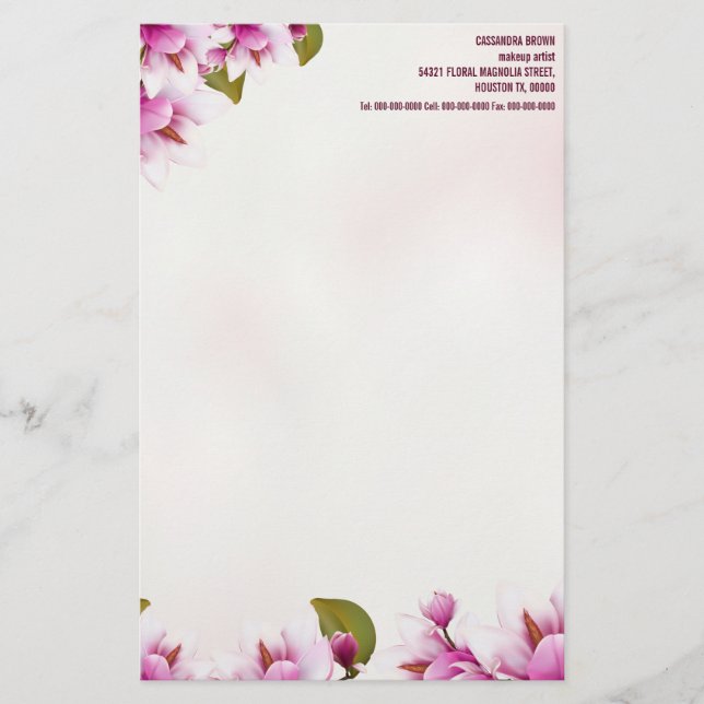 Magnolia Pink Floral Personalized Stationery (Front)