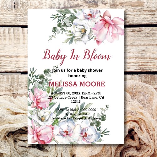 Magnolia pink white baby in bloom invitation