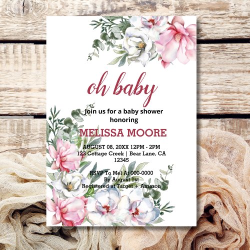 Magnolia pink white baby shower  invitation