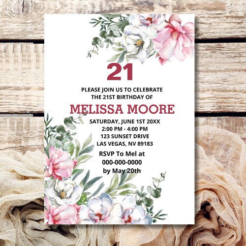 Magnolia Pink White Flowers 21st birthday Invitation