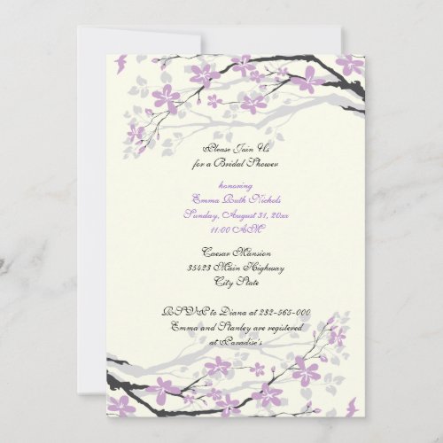 Magnolia purple flowers bridal shower invite