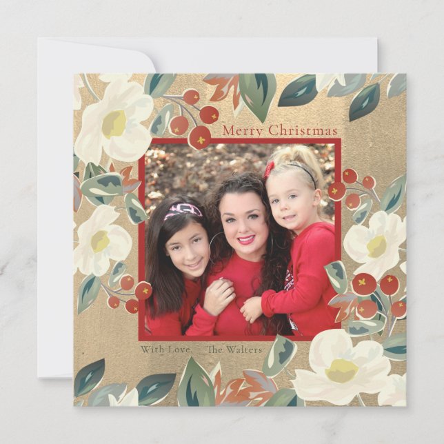Magnolia & Red Berry Gold Classic Photo Christmas Holiday Card (Front)