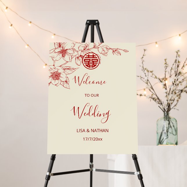 Magnolia Red Cream Chinese Wedding Welcome Foam Board (In Situ (Stand))