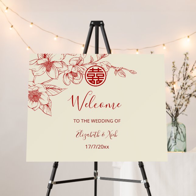 Magnolia Red Cream Chinese Wedding Welcome Foam Board (In Situ (Stand))