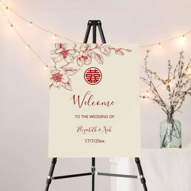 Magnolia Red Cream Chinese Wedding Welcome Foam Board (In Situ (Stand))