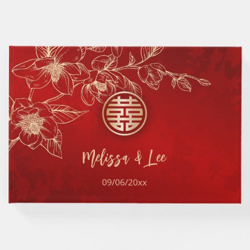 Magnolia Red Gold Chinese Wedding Guest Book